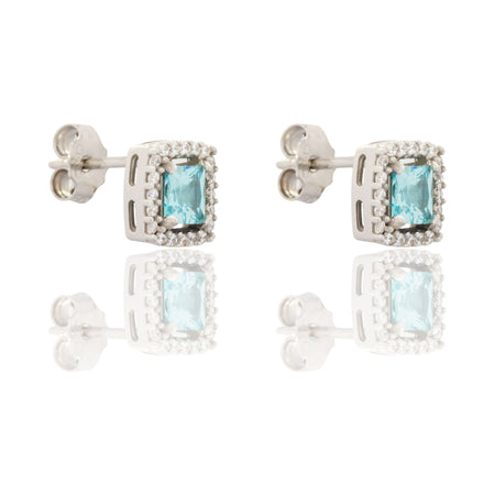 Orecchini Oro Bianco Oro 18 carati Quadrati Centro E Contorno Pavè Zirconi bianchi, Zircone Azzurro 