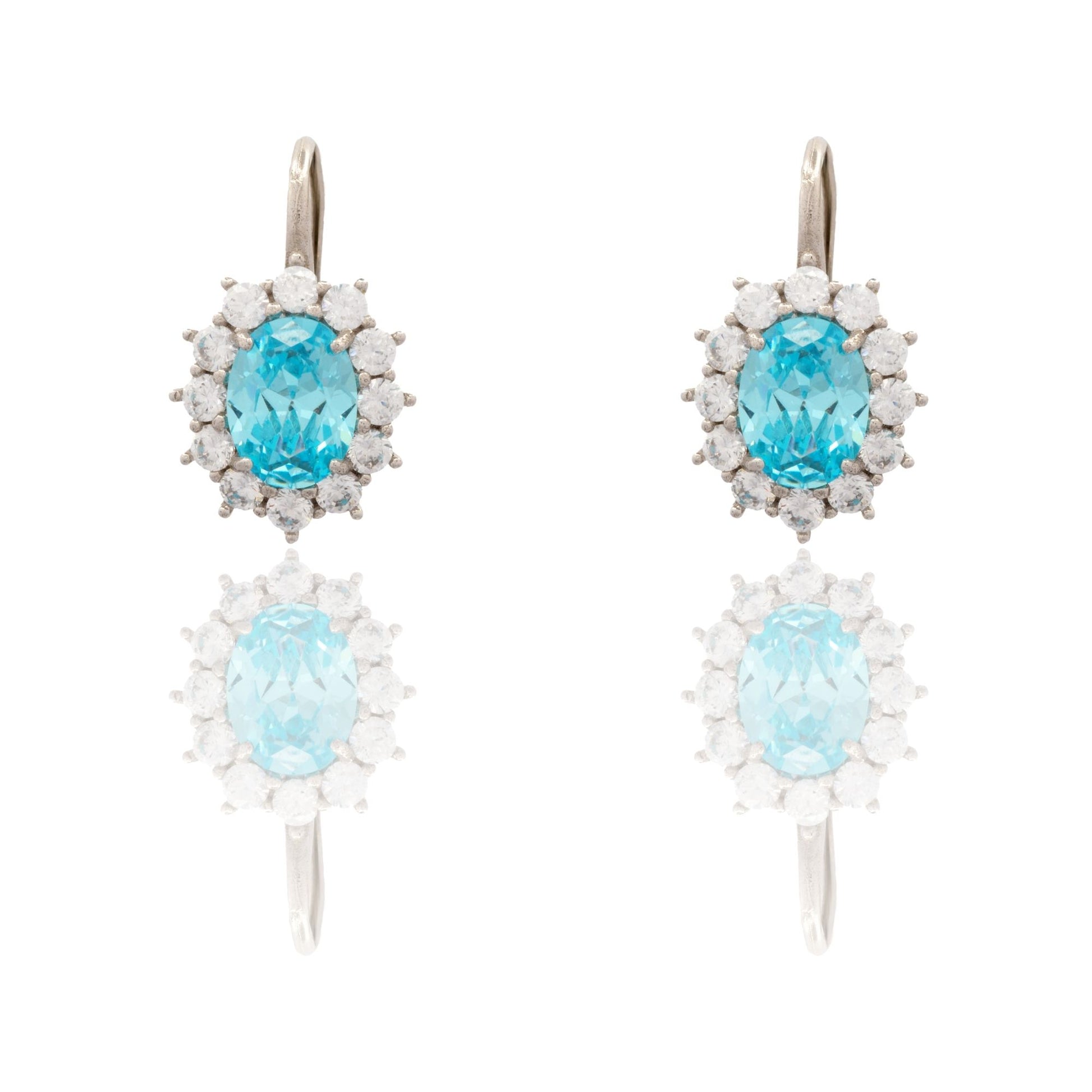 Orecchini Oro Bianco Oro 18 carati Modello Kate Centro E Contorno Zirconi Bianchi, Zircone Azzurro 