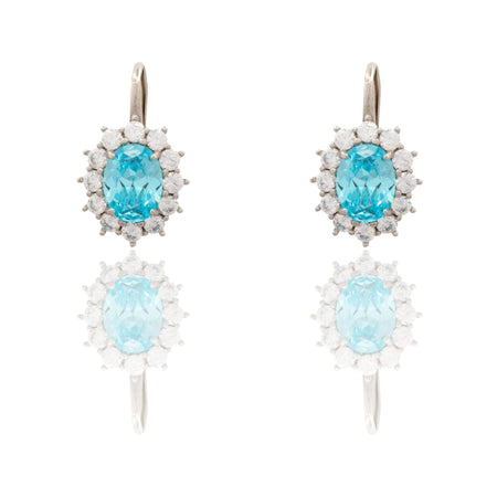 Orecchini Oro Bianco Oro 18 carati Modello Kate Centro E Contorno Zirconi Bianchi, Zircone Azzurro 