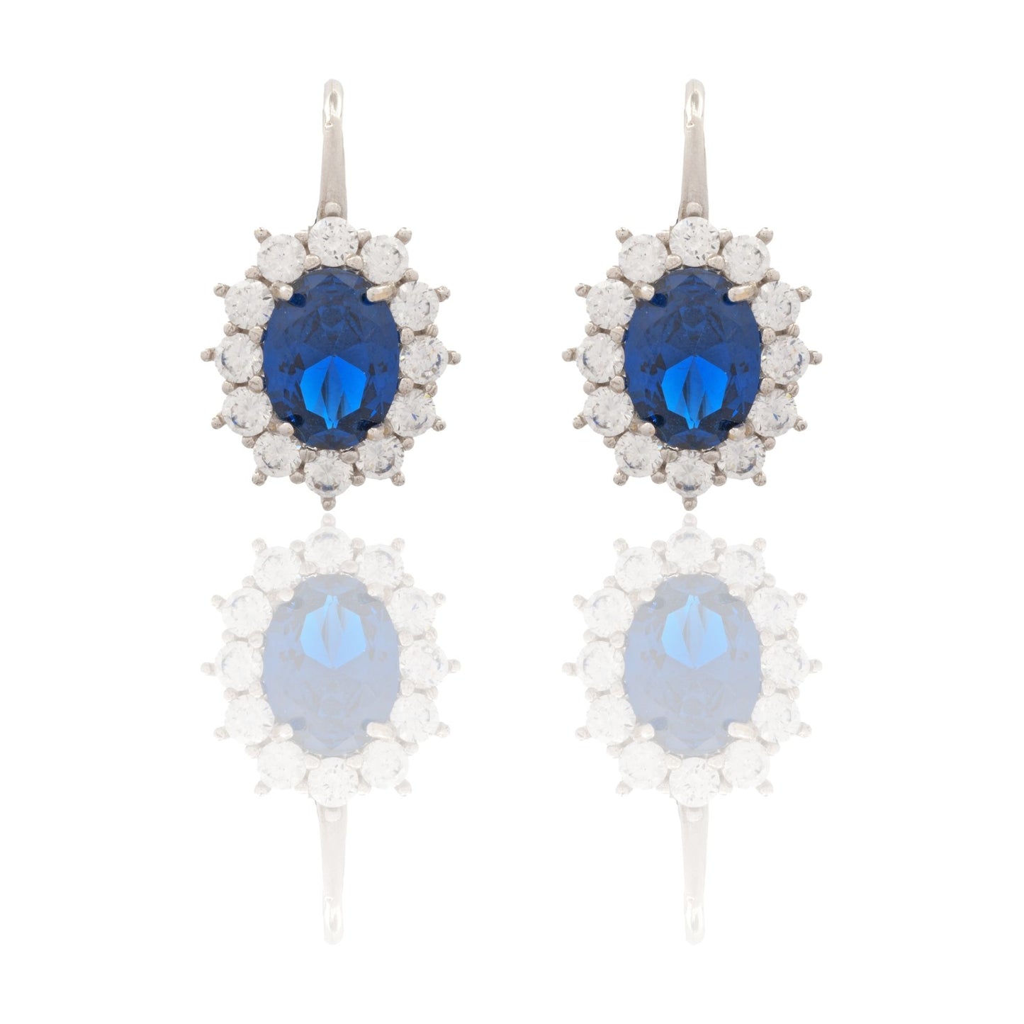 Orecchini Oro Bianco Oro 18 carati Modello Kate Centro E Contorno Zirconi Bianchi, Zircone Blu 