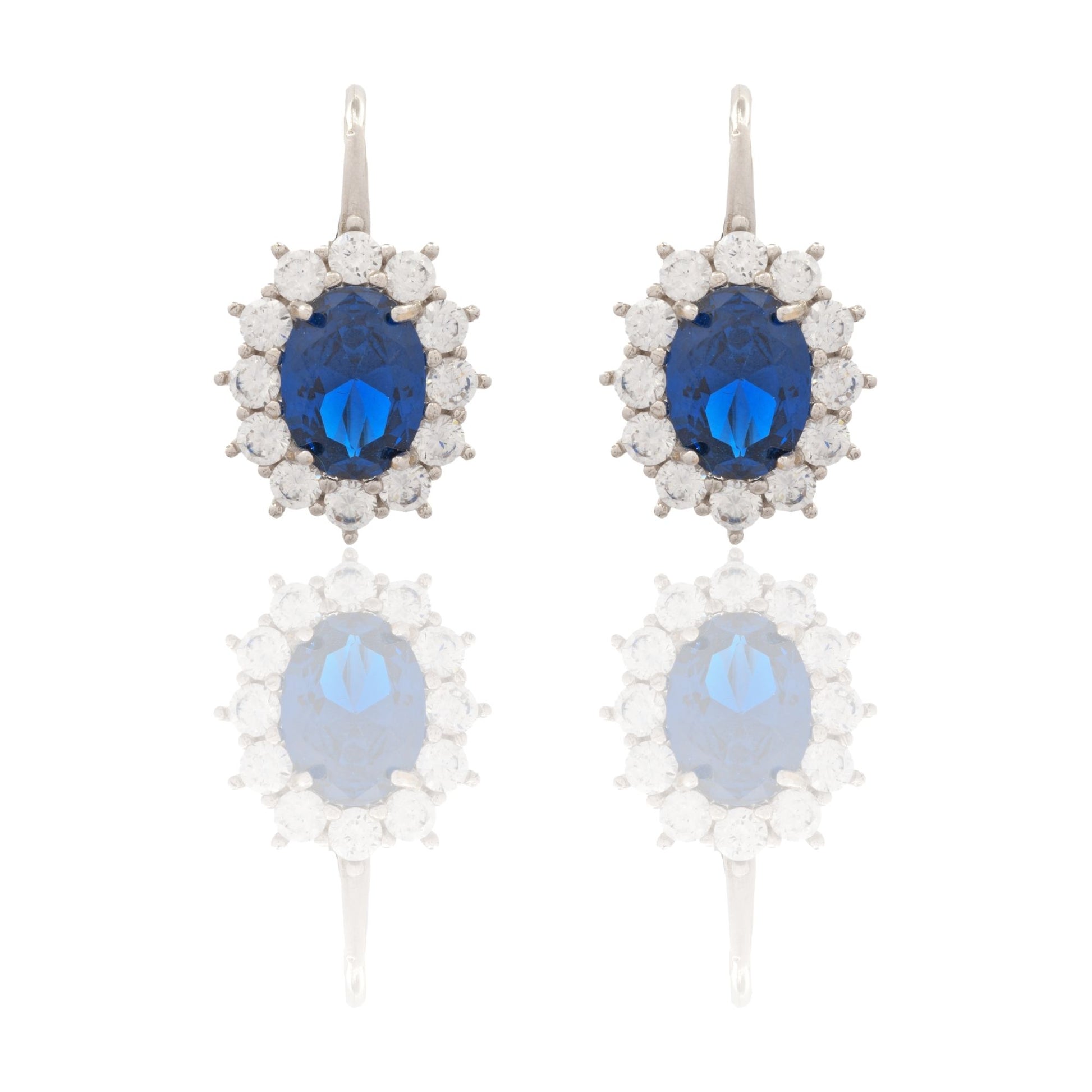 Orecchini Oro Bianco Oro 18 carati Modello Kate Centro E Contorno Zirconi Bianchi, Zircone Blu 