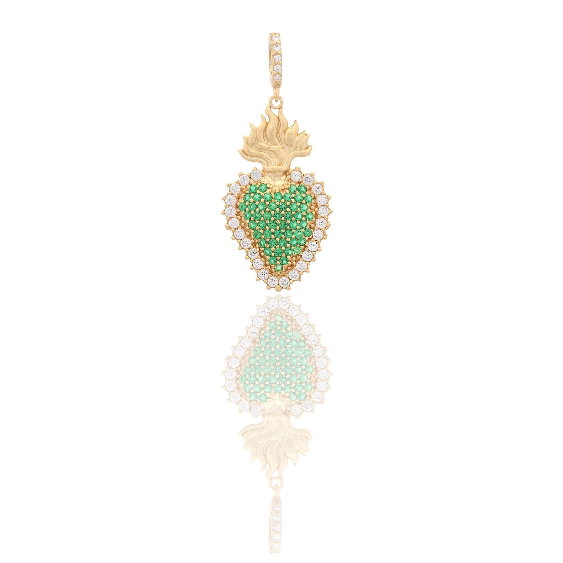 Ciondolo Oro Giallo Oro 18 carati Cuore Sacro Pave' Zirconi Bianchi, Zirconi Verdi cm.3,4