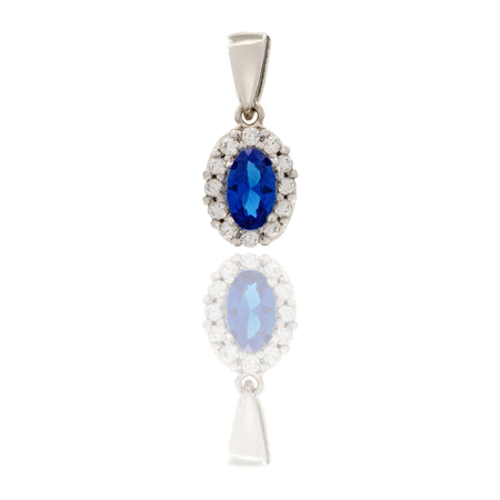 Ciondolo Oro Bianco Oro 18 carati Modello Kate Centro E Contorno Zirconi Bianchi, Zircone Blu cm.1,5