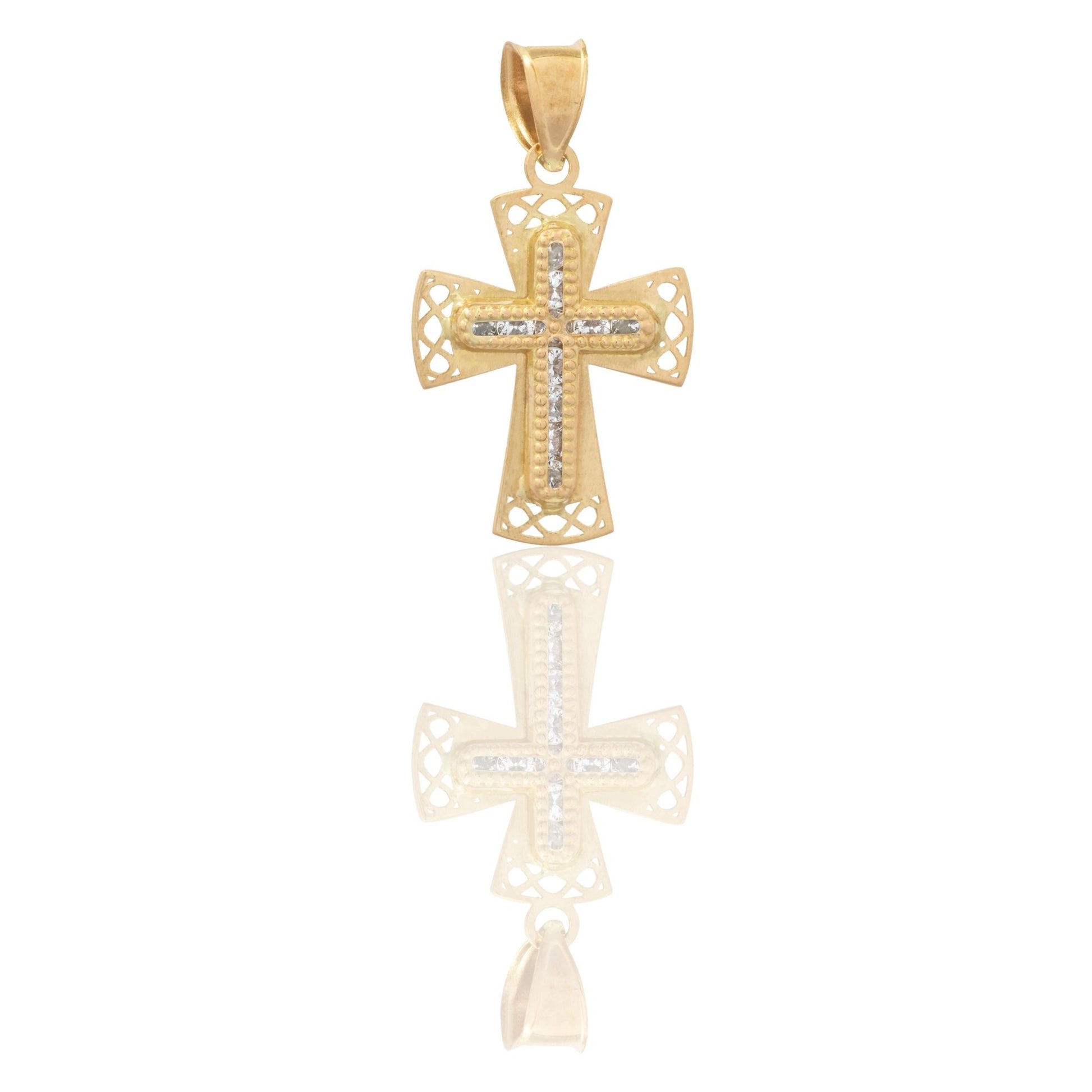 Ciondolo Oro Giallo Oro Bianco Oro 18 carati Croce Contorno Martellato Zirconi Bianchi cm.2,3
