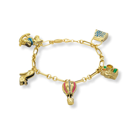 Bracciale Oro Giallo Oro 18 carati  Maglia Catena Charms  Smalto Multicolor, Pietre Verdi 