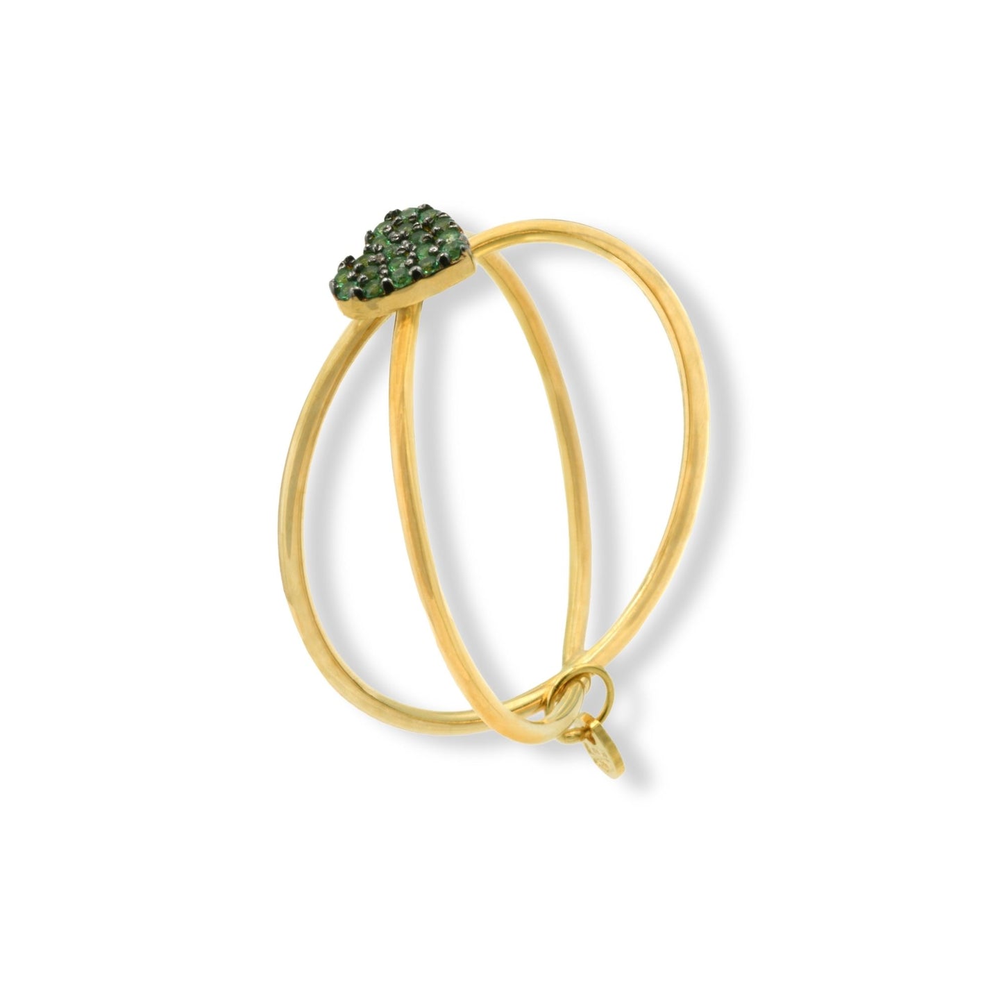 Anello Oro Giallo Oro 18 carati  Doppio Gambo Intrecciato Cuore Zirconi Verdi spessore gambo 1,7 mm , spessore pietra 5,6 larghezza laterale 6