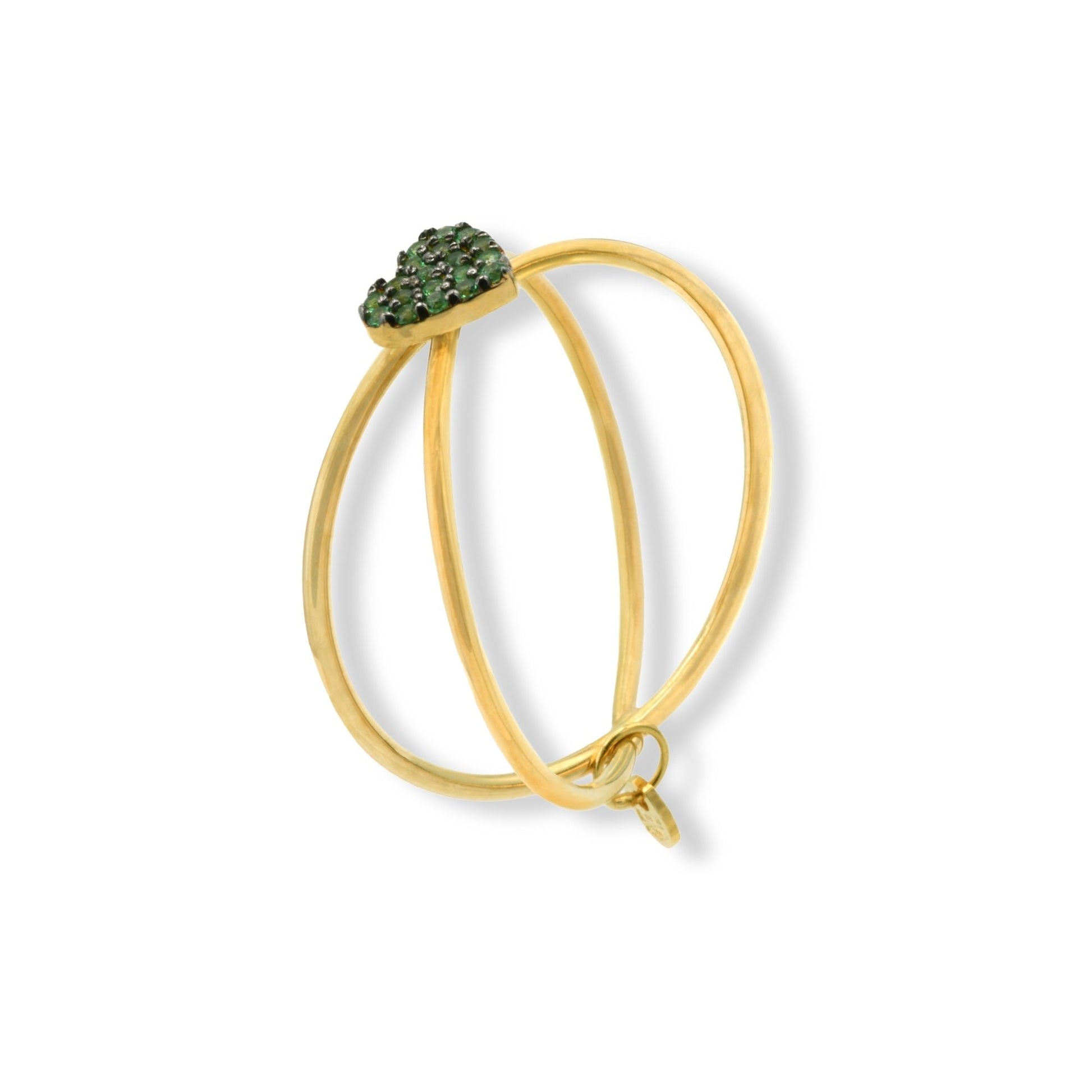 Anello Oro Giallo Oro 18 carati  Doppio Gambo Intrecciato Cuore Zirconi Verdi spessore gambo 1,7 mm , spessore pietra 5,6 larghezza laterale 6