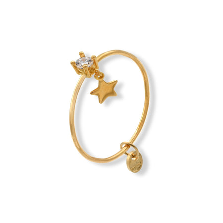 Anello Oro Giallo Oro 18 carati Solitario Stella Pendente Zircone Bianco spessore gambo 1 mm , spessore pietra 3