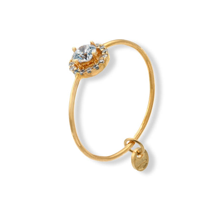 Anello Oro Giallo Oro 18 carati Solitario Centro E Contorno Zirconi Bianchi spessore gambo 0,7 mm