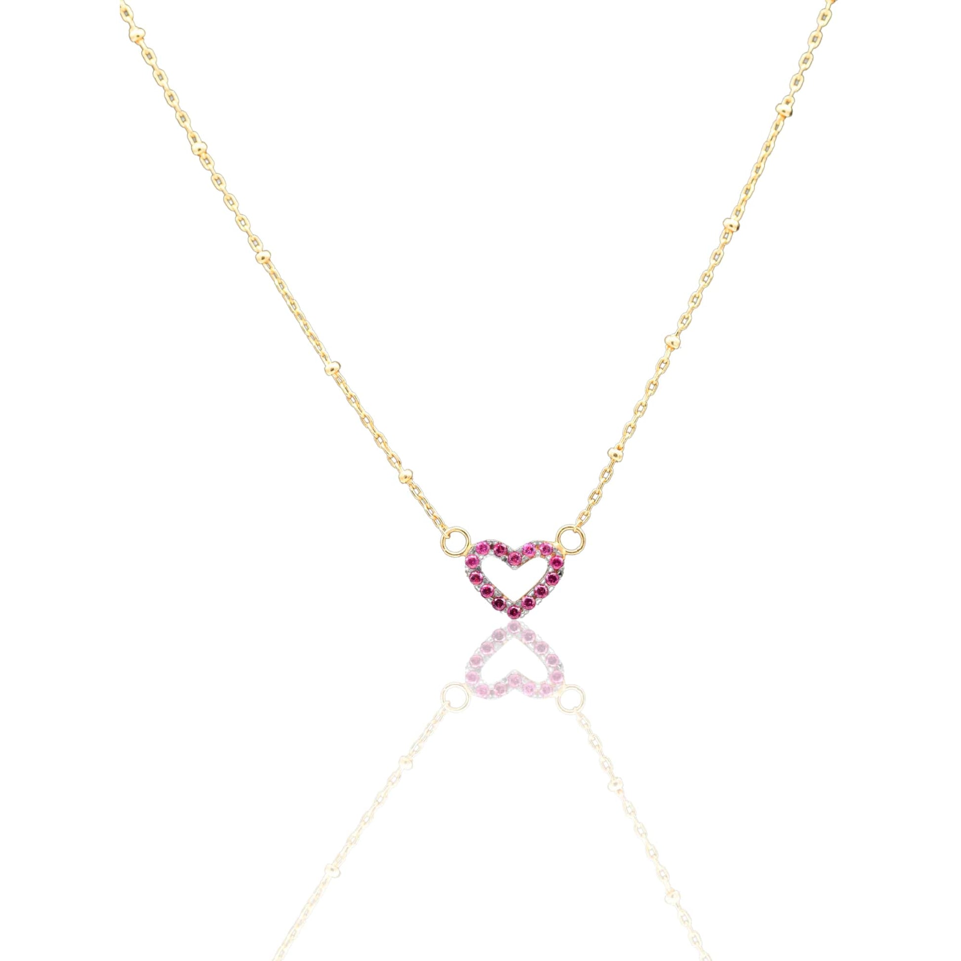 Collana Oro Giallo Oro 18 carati  Catenina Pallinata Sagoma Cuore Pave' Zirconi Rossi cm.43
