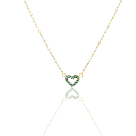 Collana Oro Giallo Oro 18 carati  Catenina Pallinata Sagoma Cuore Pave' Zirconi Verdi cm.43