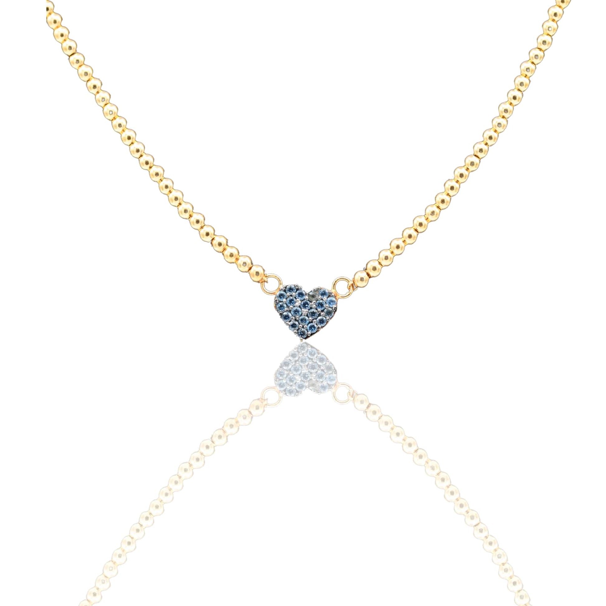 Collana Oro Giallo Oro 18 carati  Catenina Pallinata Cuore Pave' Zirconi Blu cm.43