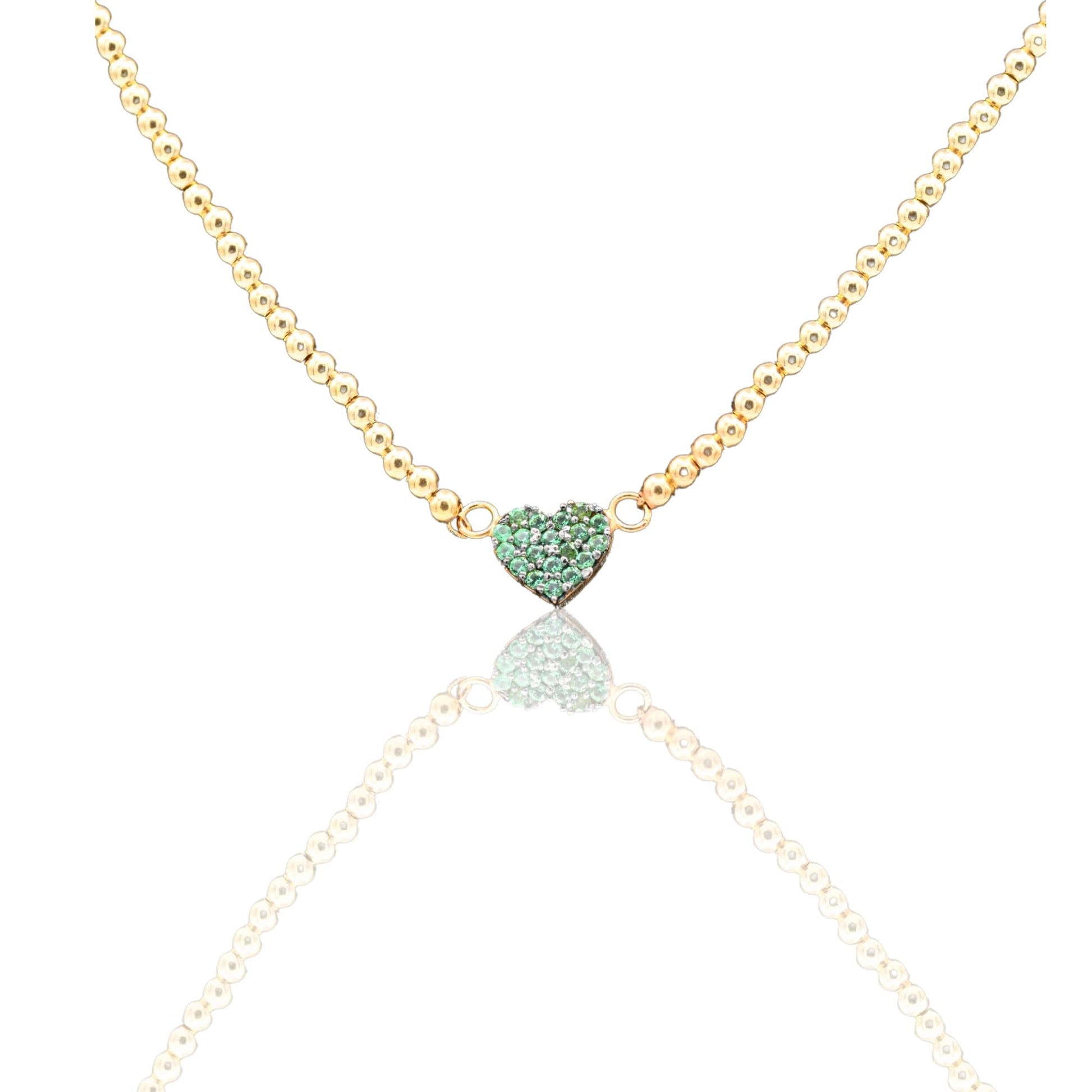 Collana Oro Giallo Oro 18 carati  Catenina Pallinata Cuore Pave' Zirconi Verdi cm.43