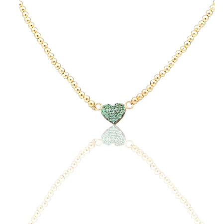 Collana Oro Giallo Oro 18 carati  Catenina Pallinata Cuore Pave' Zirconi Verdi cm.43