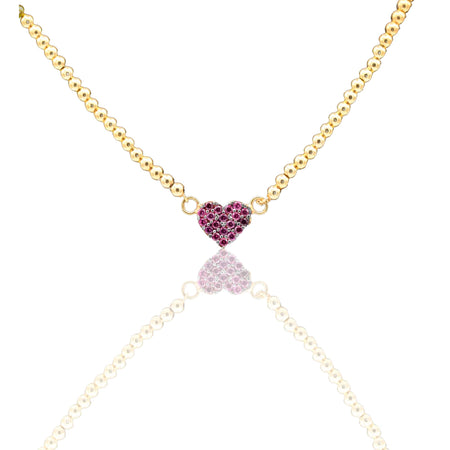Collana Oro Giallo Oro 18 carati  Catenina Pallinata Cuore Pave' Zirconi Rossi cm.43
