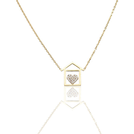 Collana Oro Giallo Oro 18 carati Catenina rolò Casetta cuore pavè Zirconi Bianchi cm.43