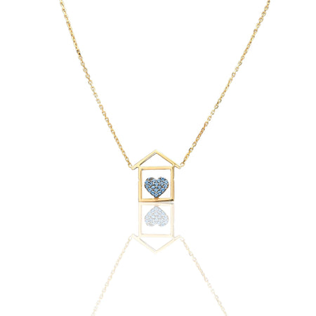 Collana Oro Giallo Oro 18 carati Catenina rolò Casetta cuore pavè Zirconi Blu cm.43