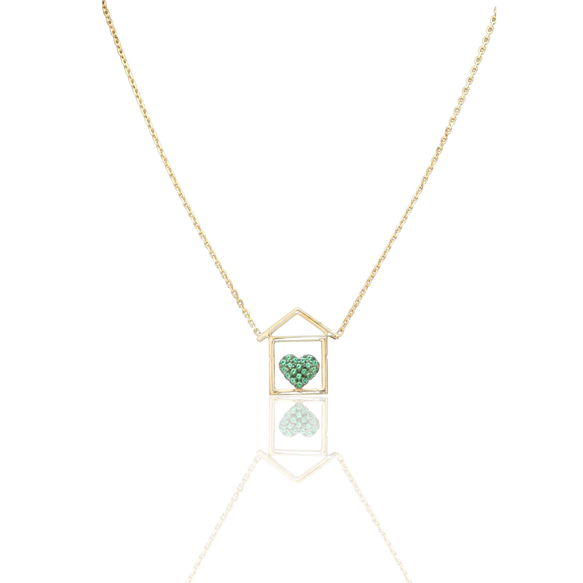 Collana Oro Giallo Oro 18 carati Catenina rolò Casetta cuore pavè Zirconi Verdi cm.43