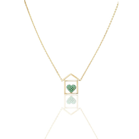 Collana Oro Giallo Oro 18 carati Catenina rolò Casetta cuore pavè Zirconi Verdi cm.43