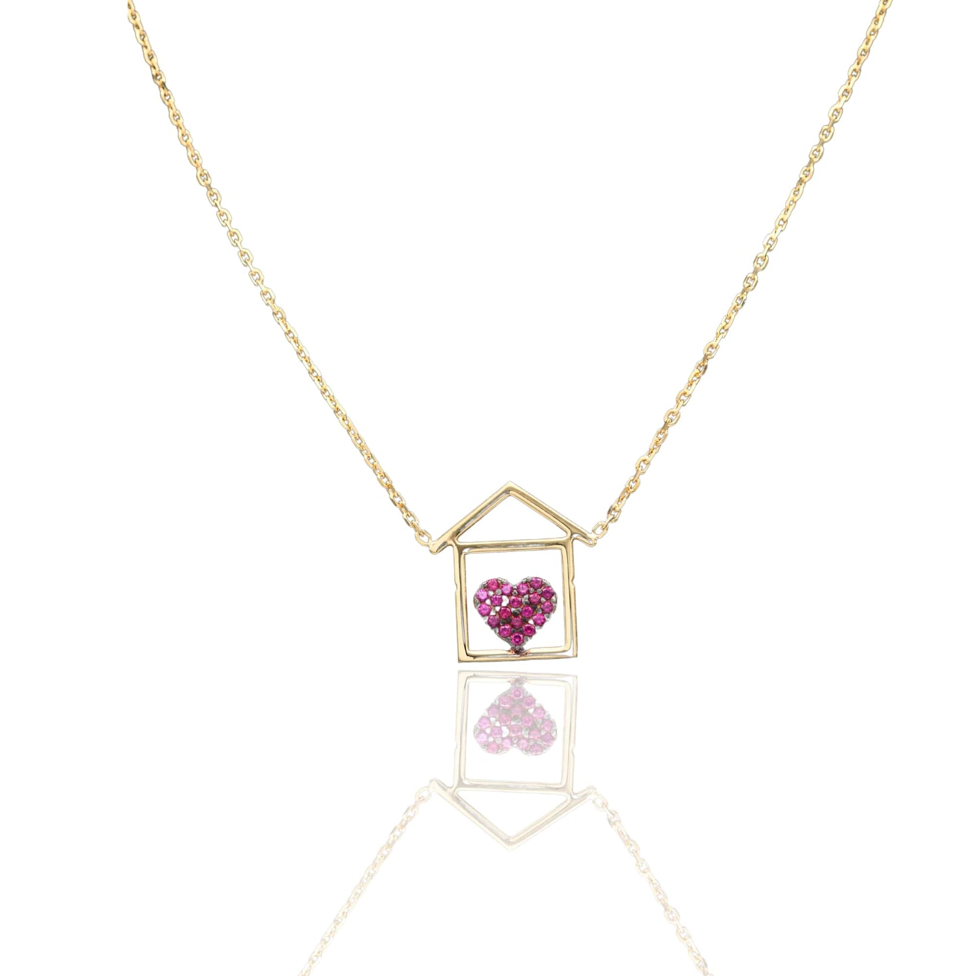 Collana Oro Giallo Oro 18 carati Catenina rolò Casetta cuore pavè Zirconi Rossi cm.43