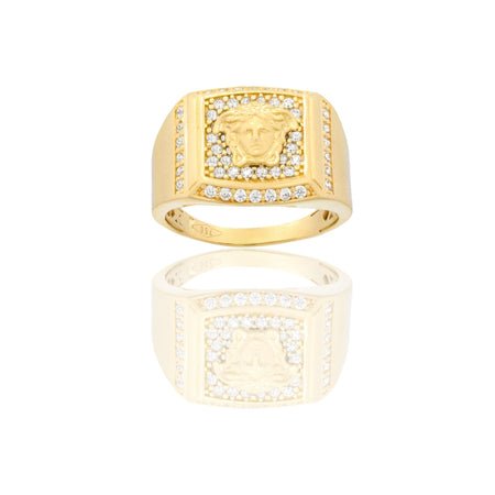 Anello Oro Giallo Oro 18 carati  Quadrato Centro Medusa Zirconi Bianchi spessore gambo 2,7 mm , spessore centro 16