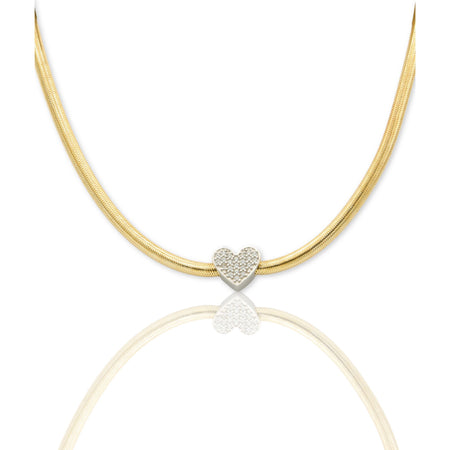 Collana Oro Giallo Oro 18 carati Tubolare A Molla Con Cuore Passante  Zirconi Bianchi cm.40