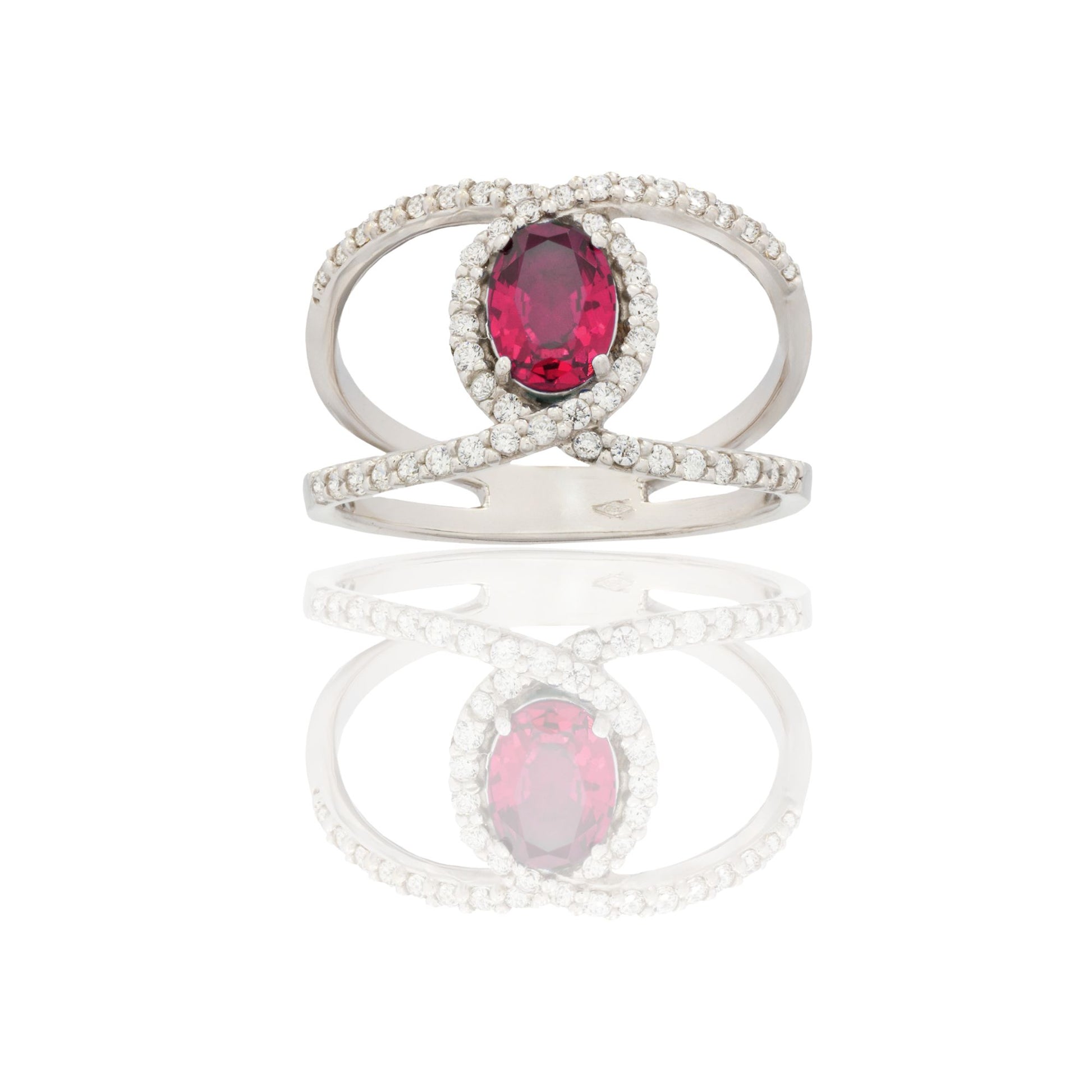 Anello Oro Bianco Oro 18 carati Fascia Vuota  Con Pietra Centrale Ovale  Zircone Rosso, Zirconi Bianchi spessore gambo 1,4 mm , spessore pietra 7x 5
