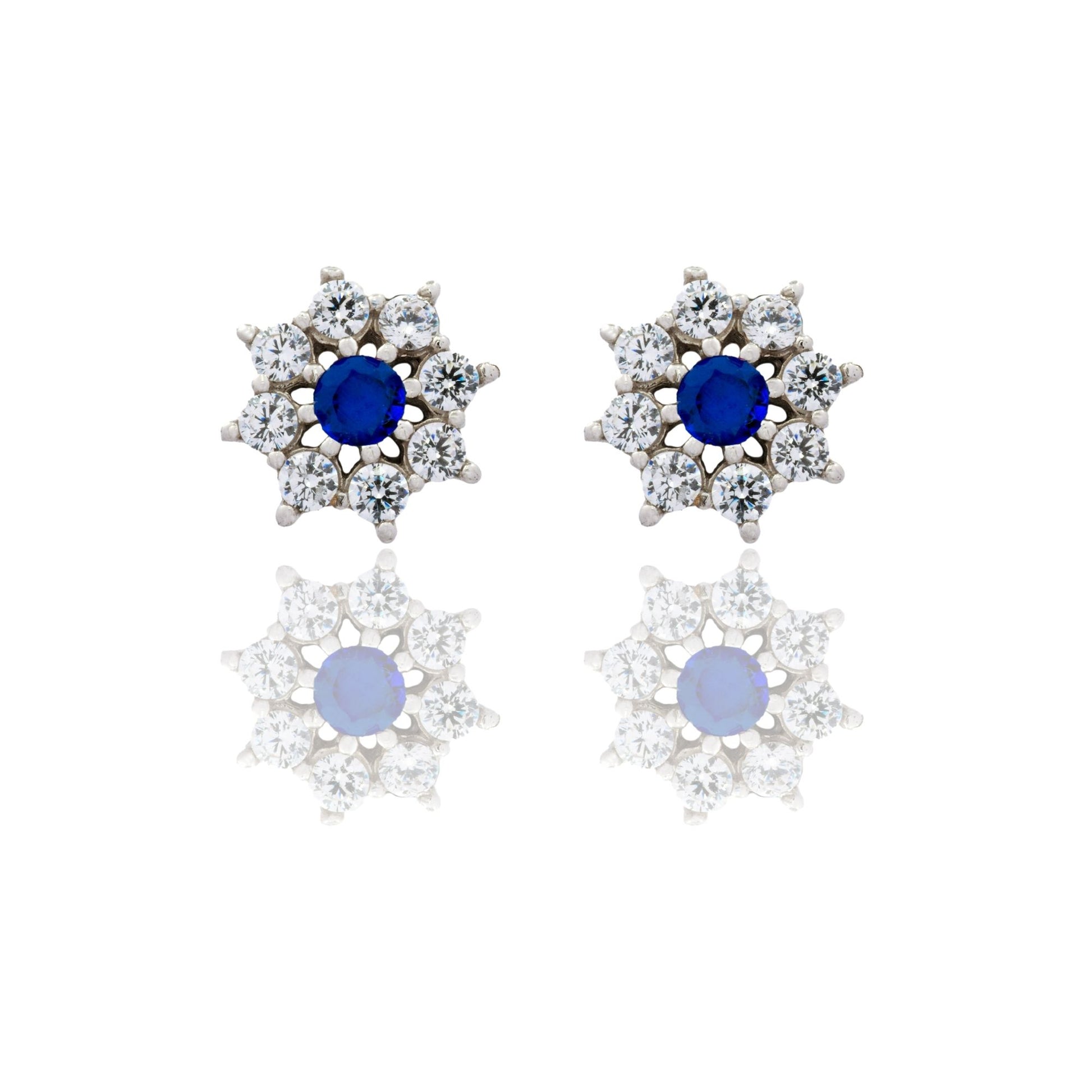 Orecchini Oro Bianco Oro 18 carati Toppa Fiore Centro E Contorno Zirconi Blu, Zirconi Bianchi 