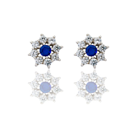 Orecchini Oro Bianco Oro 18 carati Toppa Fiore Centro E Contorno Zirconi Blu, Zirconi Bianchi 