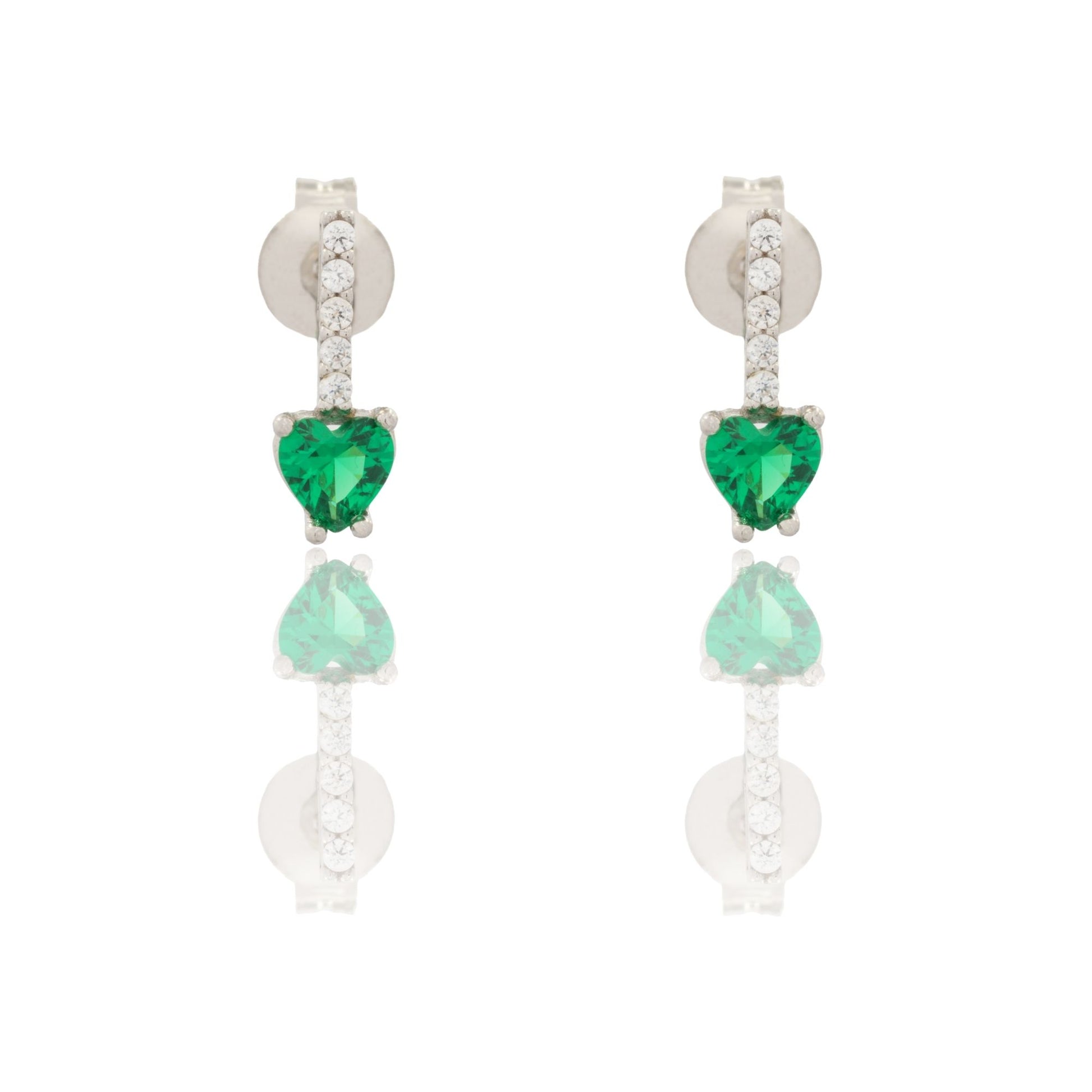 Orecchini Oro Bianco Oro 18 carati Pendenti A Cuore Zirconi Verdi, Zirconi Bianchi 