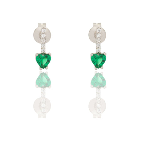 Orecchini Oro Bianco Oro 18 carati Pendenti A Cuore Zirconi Verdi, Zirconi Bianchi 