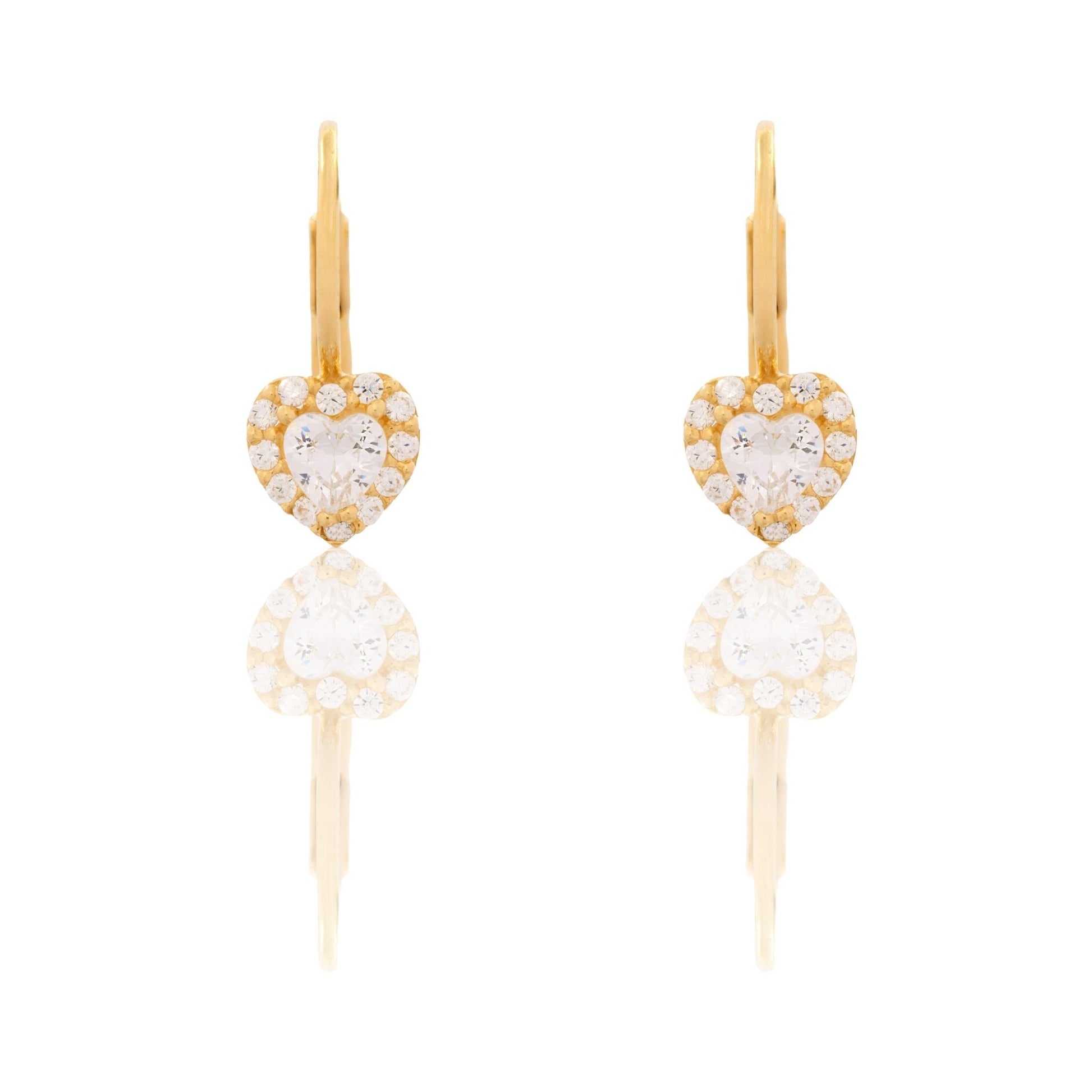 Orecchini Oro Giallo Oro 18 carati Cuore Pietra Centrale Contorno Chiusura Monachina  Zirconi Bianchi