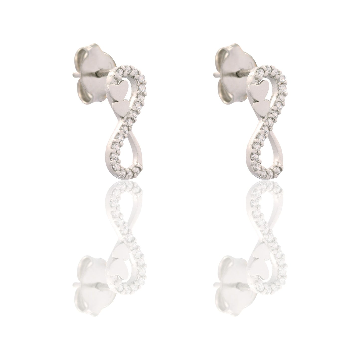 Orecchini Oro Bianco Oro 18 carati Simbolo Infinito Con Cuori  Zirconi Bianchi