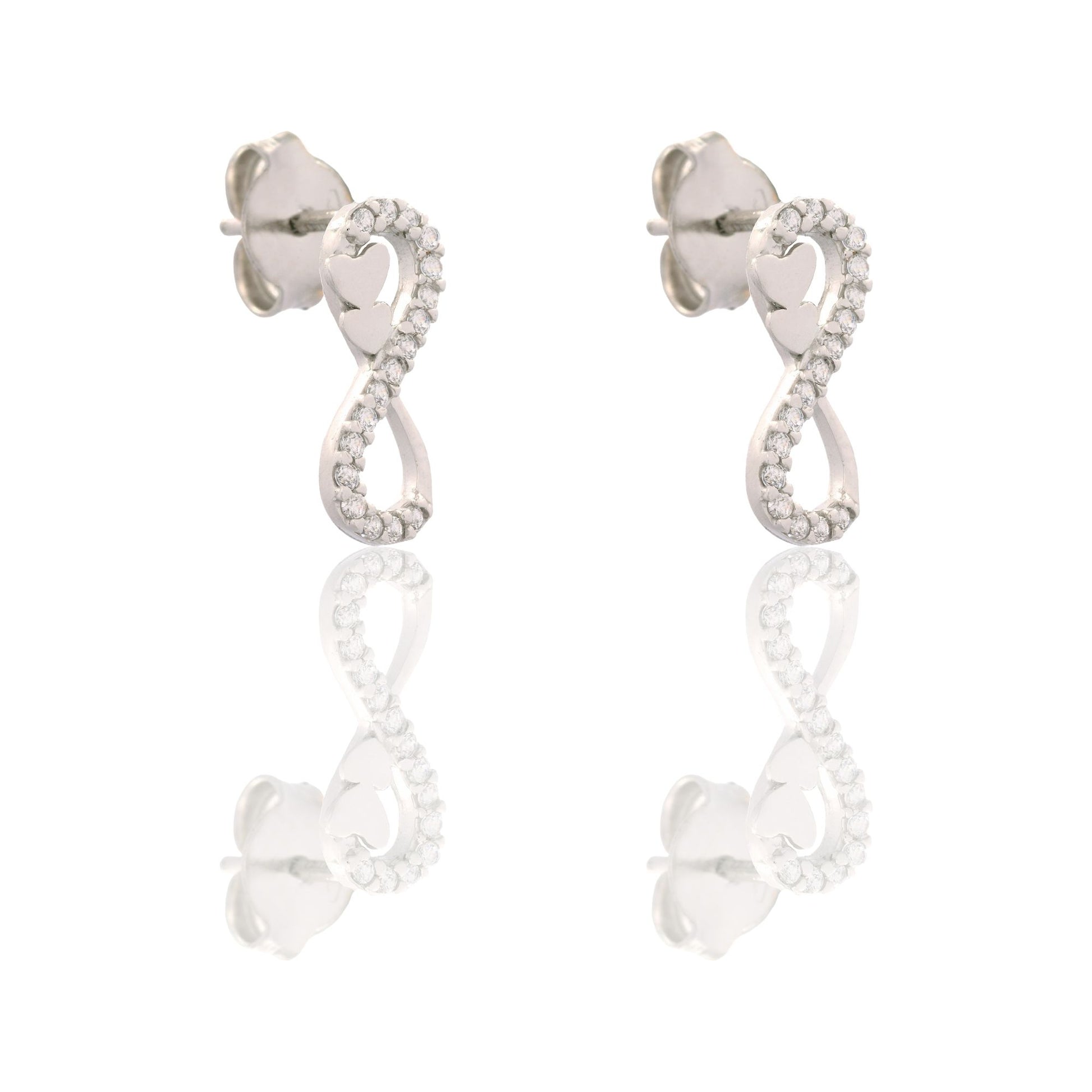 Orecchini Oro Bianco Oro 18 carati Simbolo Infinito Con Cuori  Zirconi Bianchi