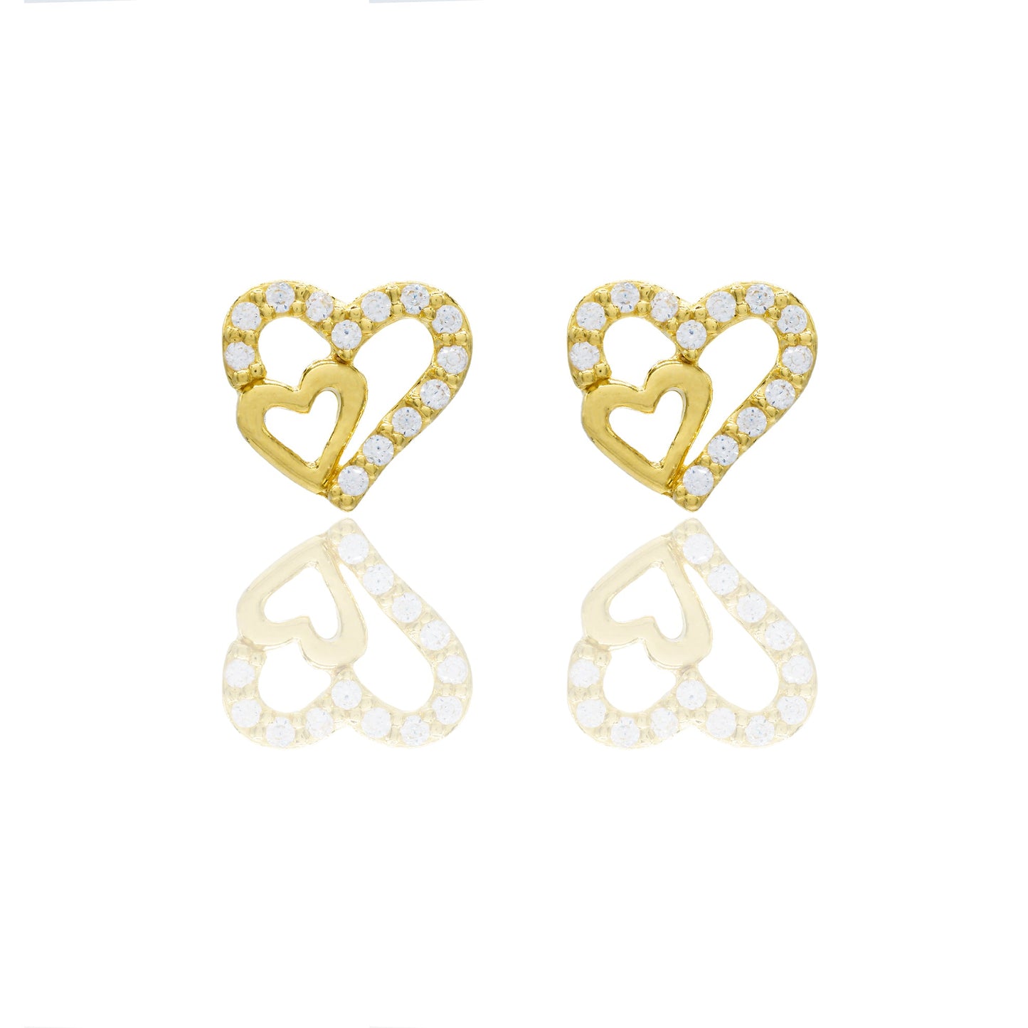 Orecchini Oro Giallo Oro 18 carati Contorno doppio cuore pavè Zirconi Bianchi lunghezza cm.0,80 larghezza cm.0,70