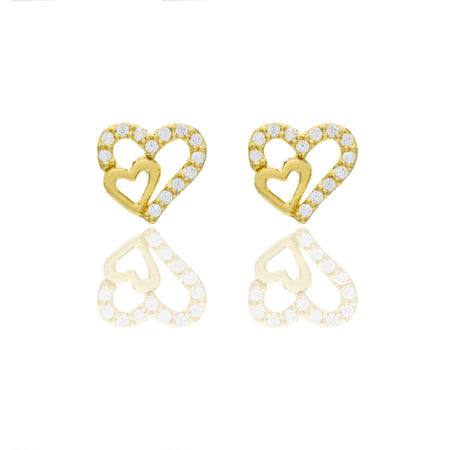 Orecchini Oro Giallo Oro 18 carati Contorno doppio cuore pavè Zirconi Bianchi lunghezza cm.0,80 larghezza cm.0,70