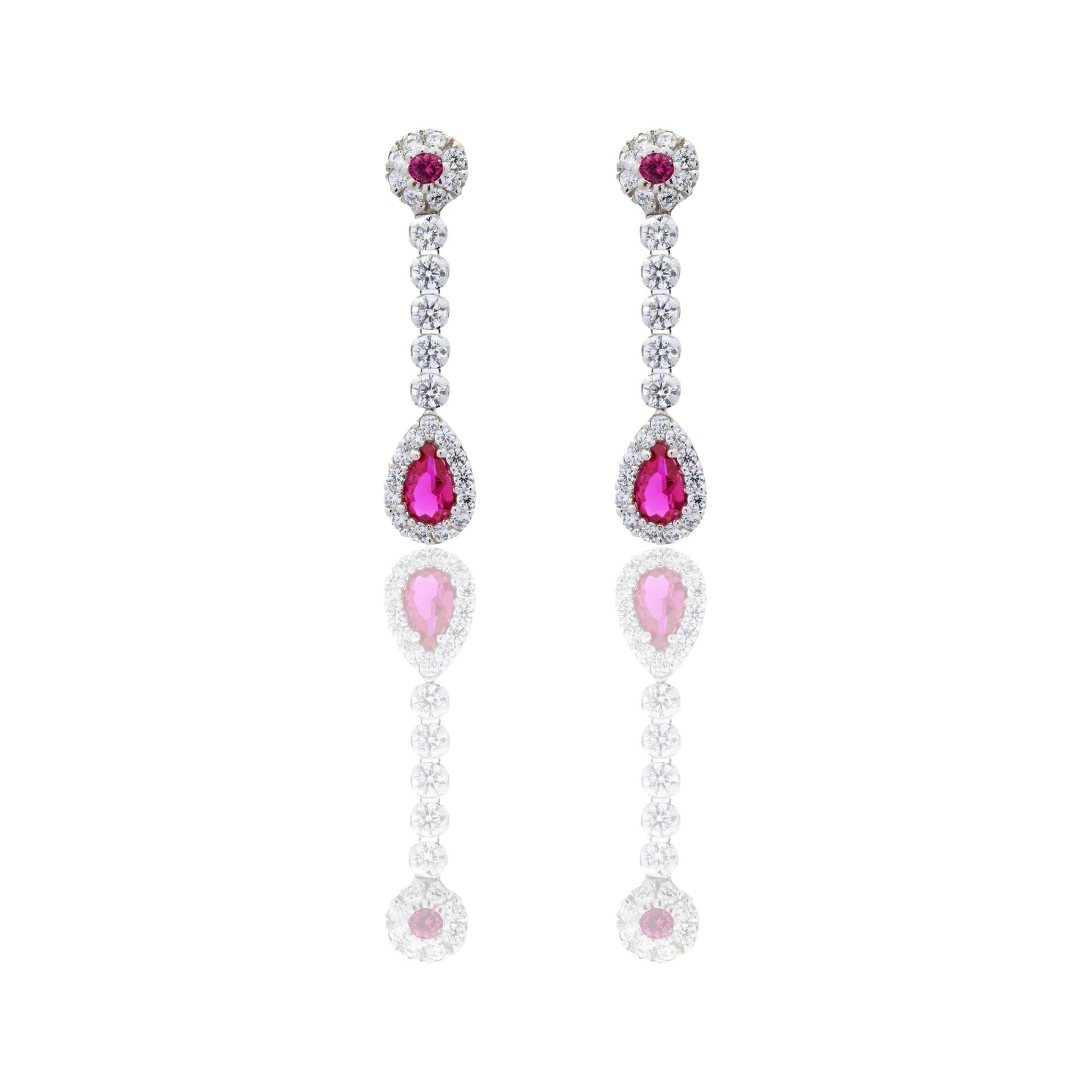 Orecchini Oro Bianco Oro 18 carati Goccia Pendente Zirconi Bianchi, Zirconi Rossi 