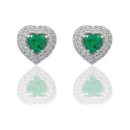 Orecchini Oro Bianco Oro 18 carati Cuore Con Doppio Contorno Zircone Azzurro, Zirconi Bianchi 