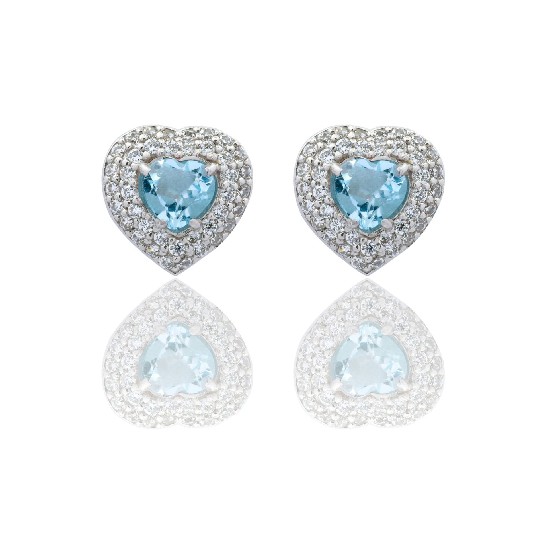 Orecchini Oro Bianco Oro 18 carati Cuore Con Doppio Contorno Zirconi Bianchi, Zircone Rosso 