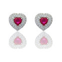 Orecchini Oro Bianco Oro 18 carati Cuore Con Doppio Contorno Zircone Rosso, Zirconi Bianchi 