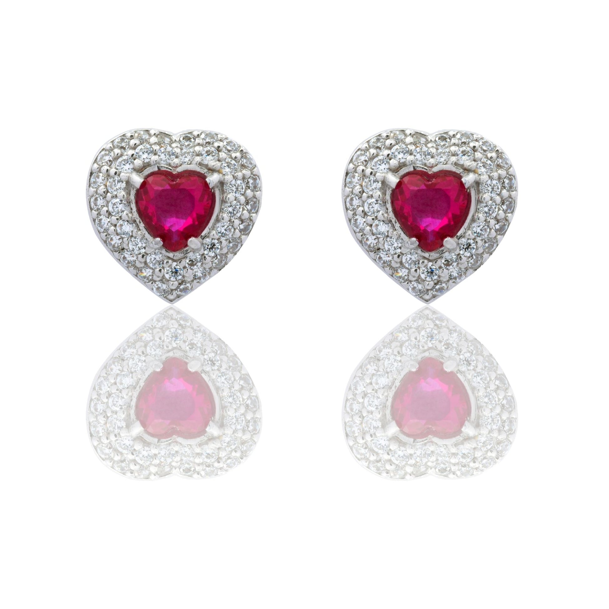 Orecchini Oro Bianco Oro 18 carati Cuore Con Doppio Contorno Zircone Rosso, Zirconi Bianchi 