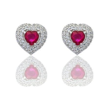 Orecchini Oro Bianco Oro 18 carati Cuore Con Doppio Contorno Zircone Rosso, Zirconi Bianchi 