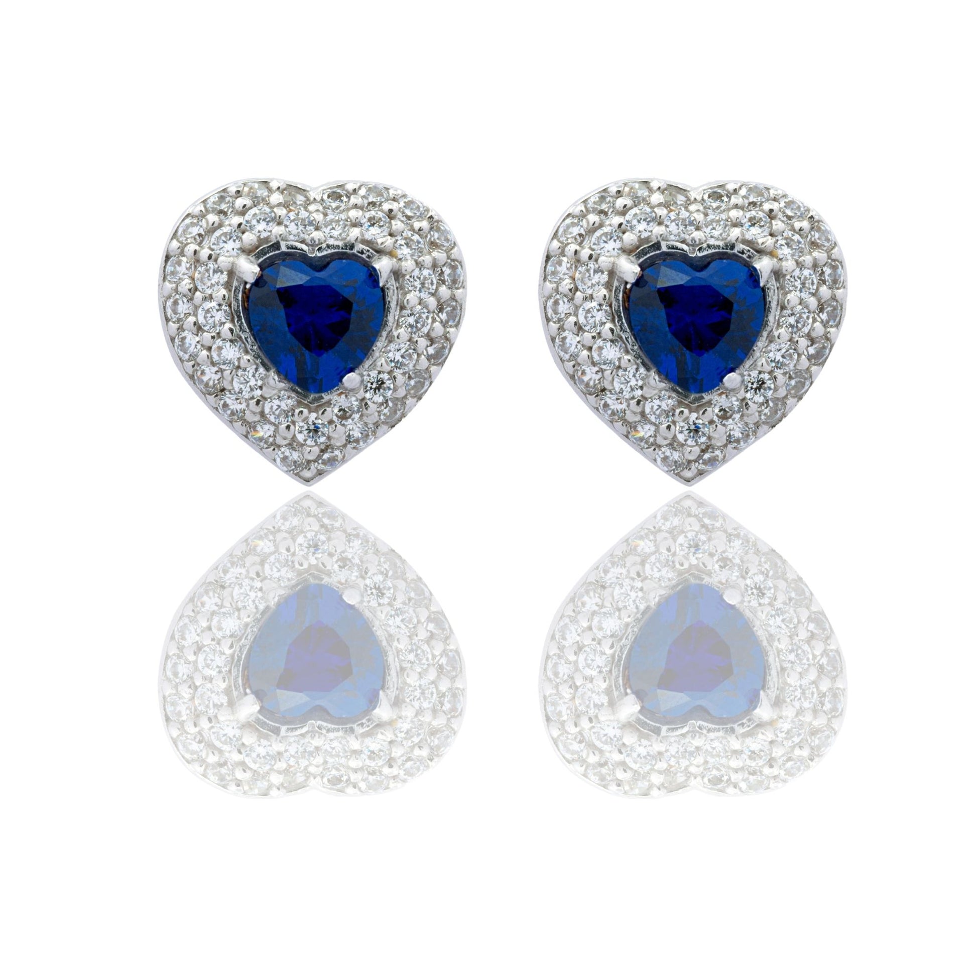 Orecchini Oro Bianco Oro 18 carati Cuore Con Doppio Contorno Zircone Blu, Zirconi Bianchi 