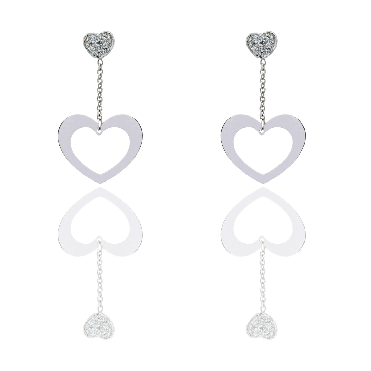 Orecchini Oro Bianco Oro 18 carati Cuore A Lastra Pendente  Zirconi Bianchi