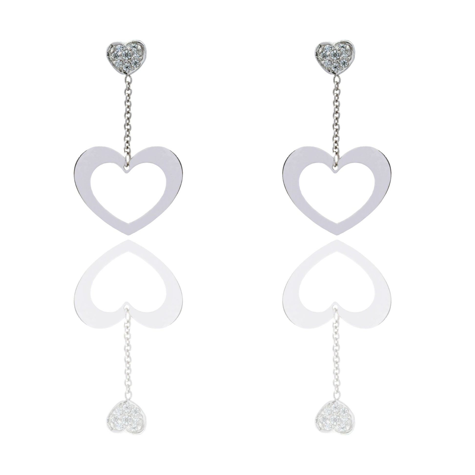 Orecchini Oro Bianco Oro 18 carati Cuore A Lastra Pendente  Zirconi Bianchi