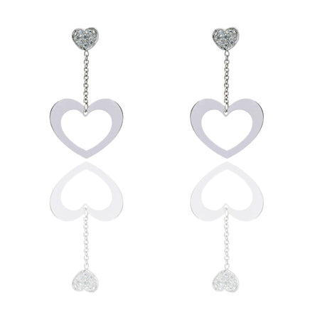 Orecchini Oro Bianco Oro 18 carati Cuore A Lastra Pendente  Zirconi Bianchi