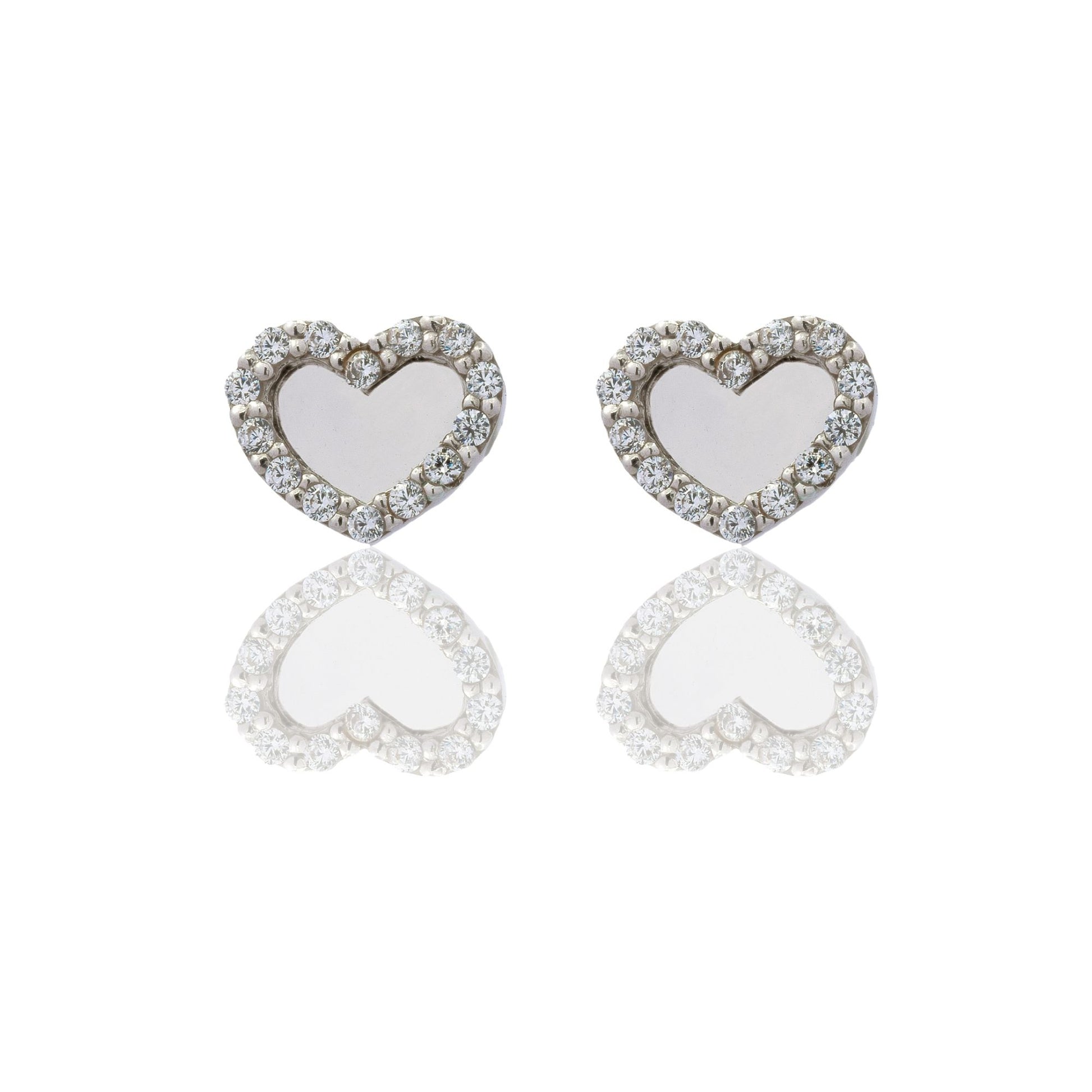 Orecchini Oro Bianco Oro 18 carati A Lobo Cuore A Lastra Con Contorno Zirconi Bianchi