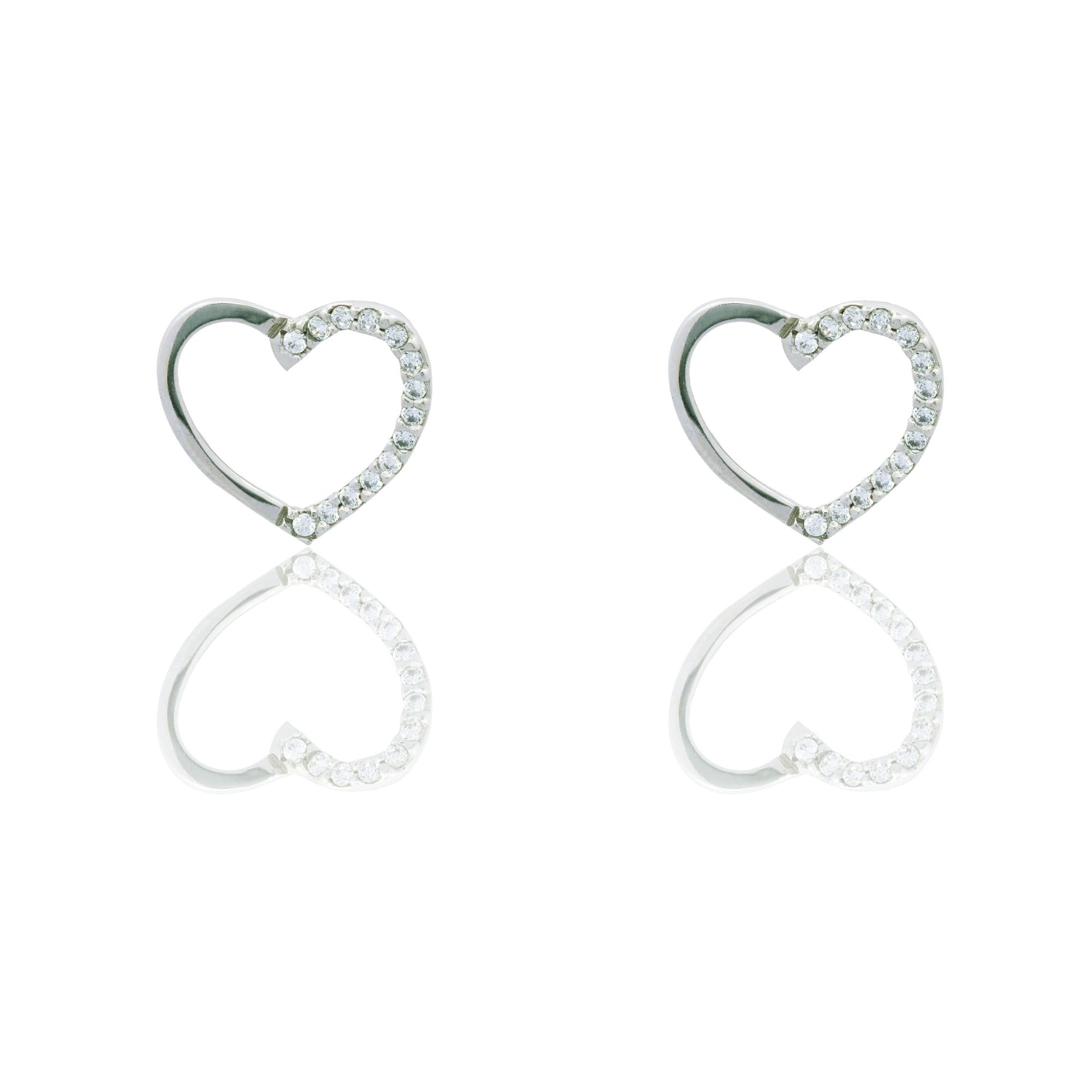 Orecchini Oro Bianco Oro 18 carati Contorno cuore metà lucido metà pavè Zirconi Bianchi cm. 1,5