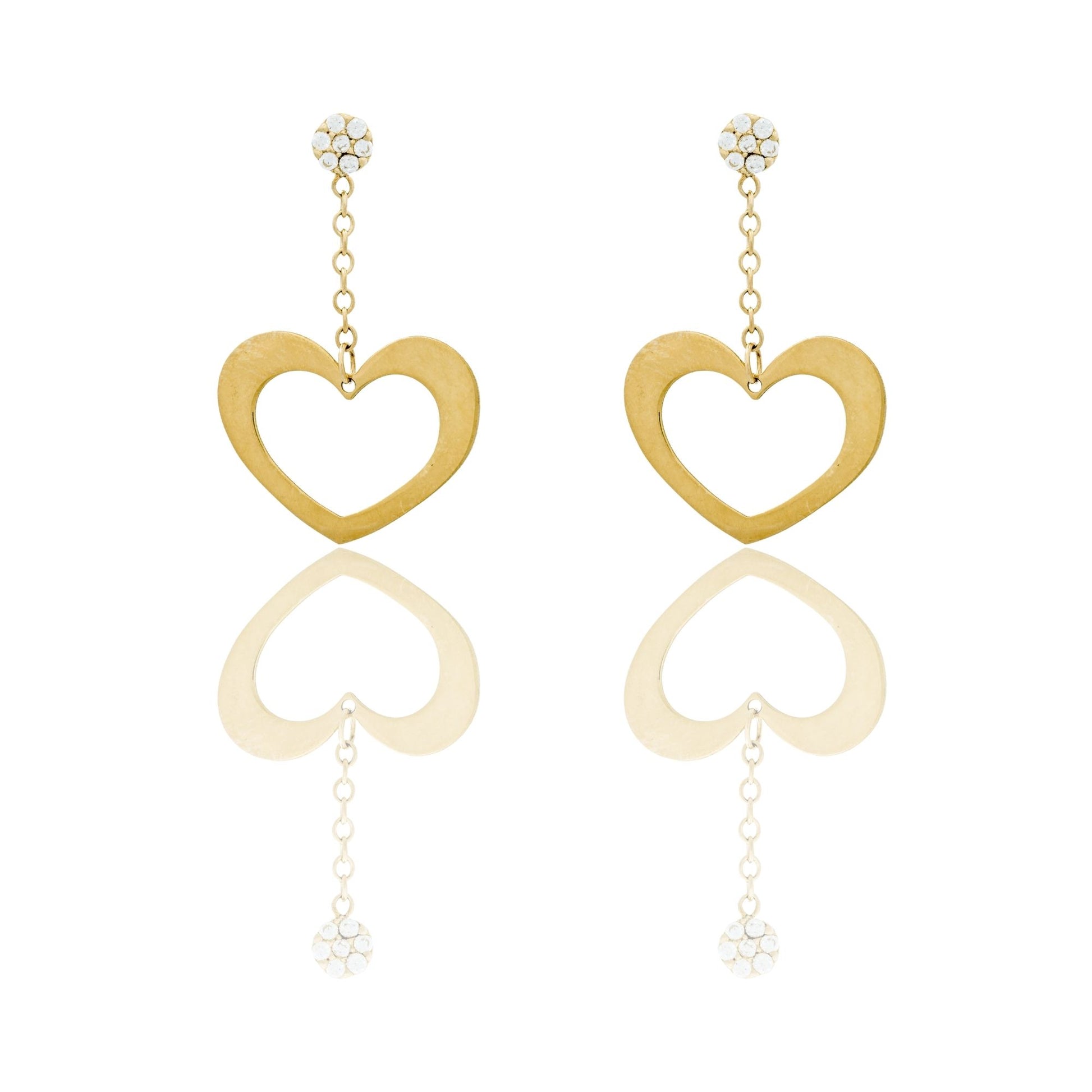 Orecchini Oro Giallo Oro 18 carati Cuore A Lastra Traforato Pendente Zirconi Bianchi