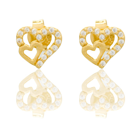 Orecchini Oro Giallo Oro 18 carati Cuori Forati A Lobo Zirconi Bianchi